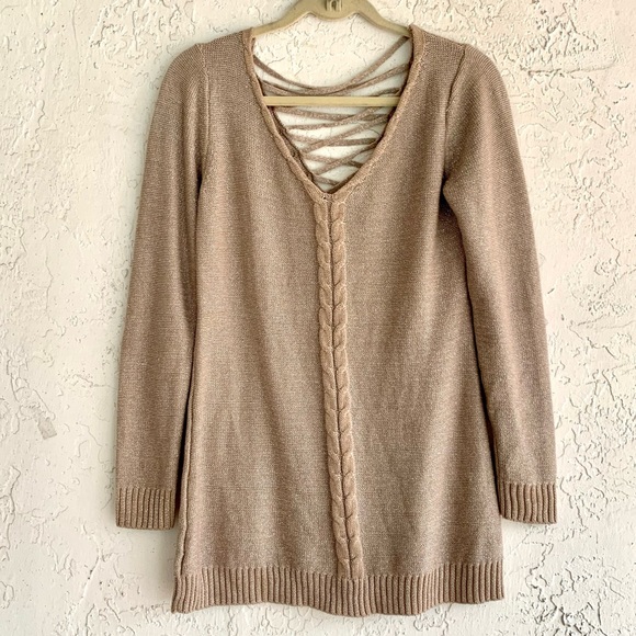 BELLDINI Criss Cross Back Long Sleeve Sweater Top. Taupe Small - Picture 4 of 12